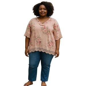 Goose Island Short Sleeve Floral Vneck Crochet‎ Hem Blouse 100 % Linen XXL